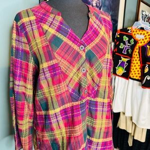 Habitat Multicolor Colorful V-neck Plaid Blouse Size Small